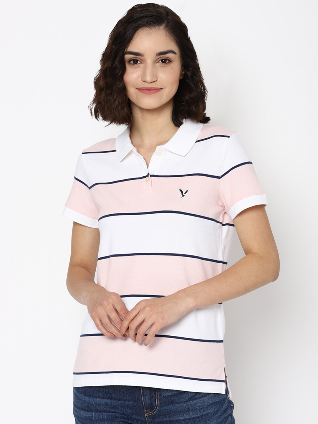 

AMERICAN EAGLE OUTFITTERS Women Pink Striped Polo Collar T-shirt