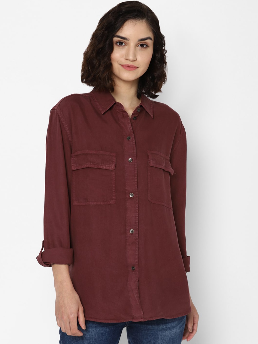 

AMERICAN EAGLE OUTFITTERS Women Maroon Solid Regular Fit Casual Shirt