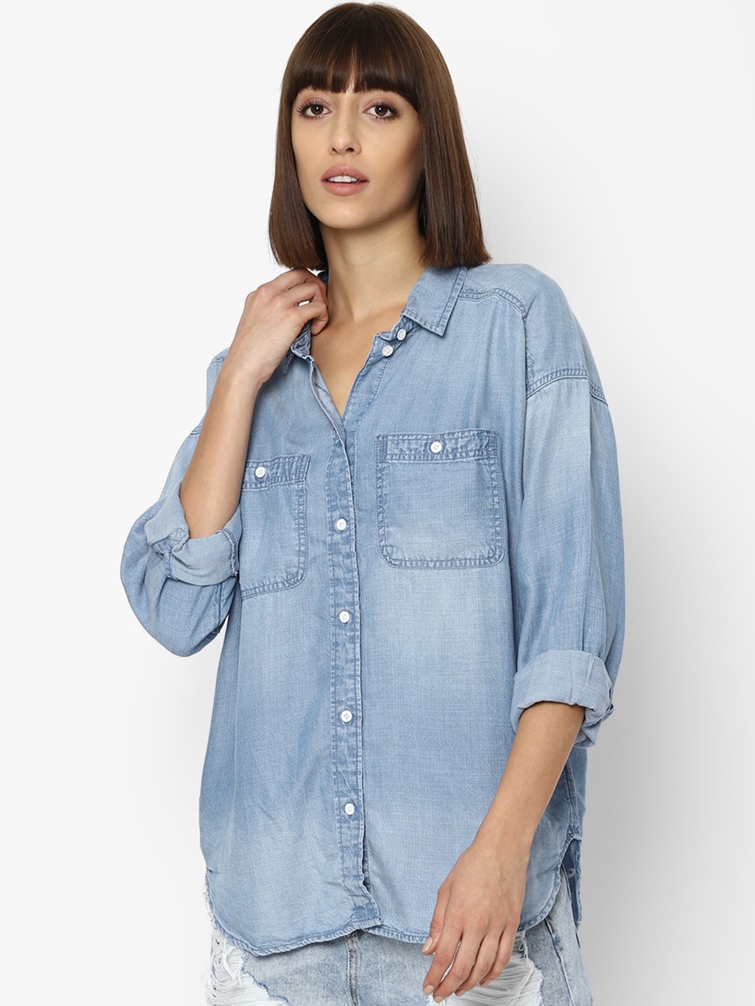 

AMERICAN EAGLE OUTFITTERS Women Blue Faded Opaque Casual Shirt