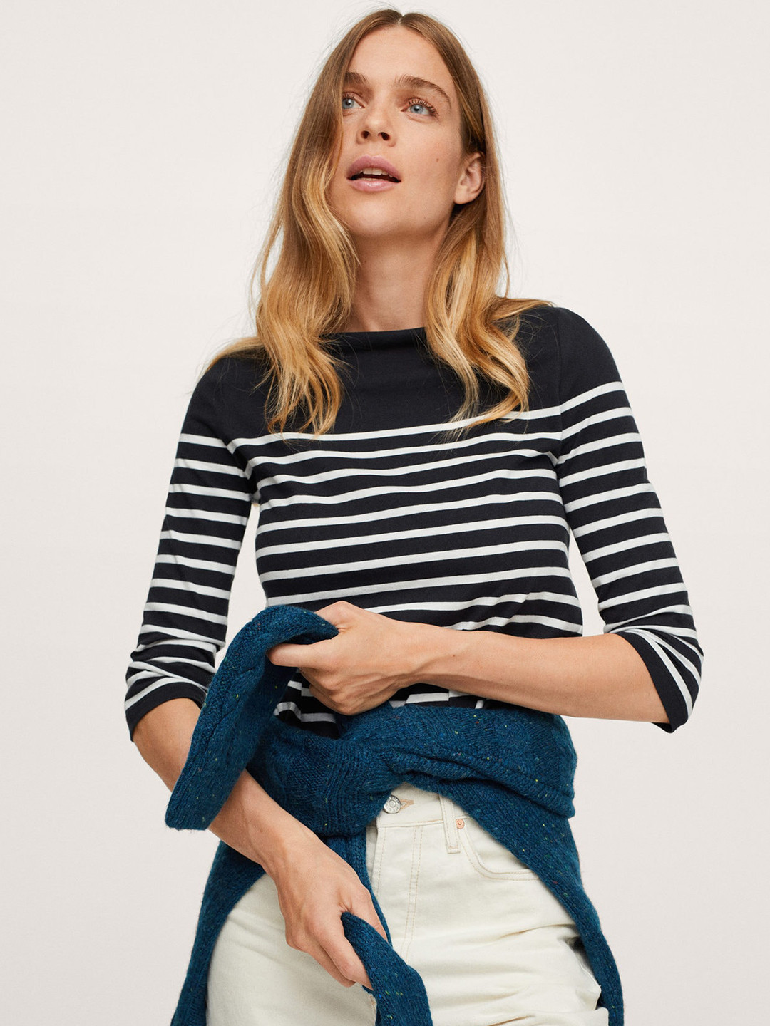 

MANGO Women Black & White Striped Organic Cotton T-shirt