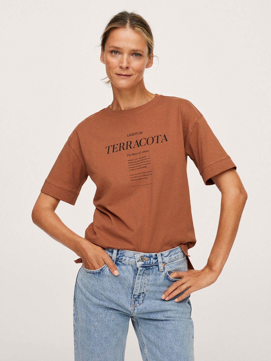 MANGO Women Rust Brown & Black Pure Cotton Typography Printed T-shirt