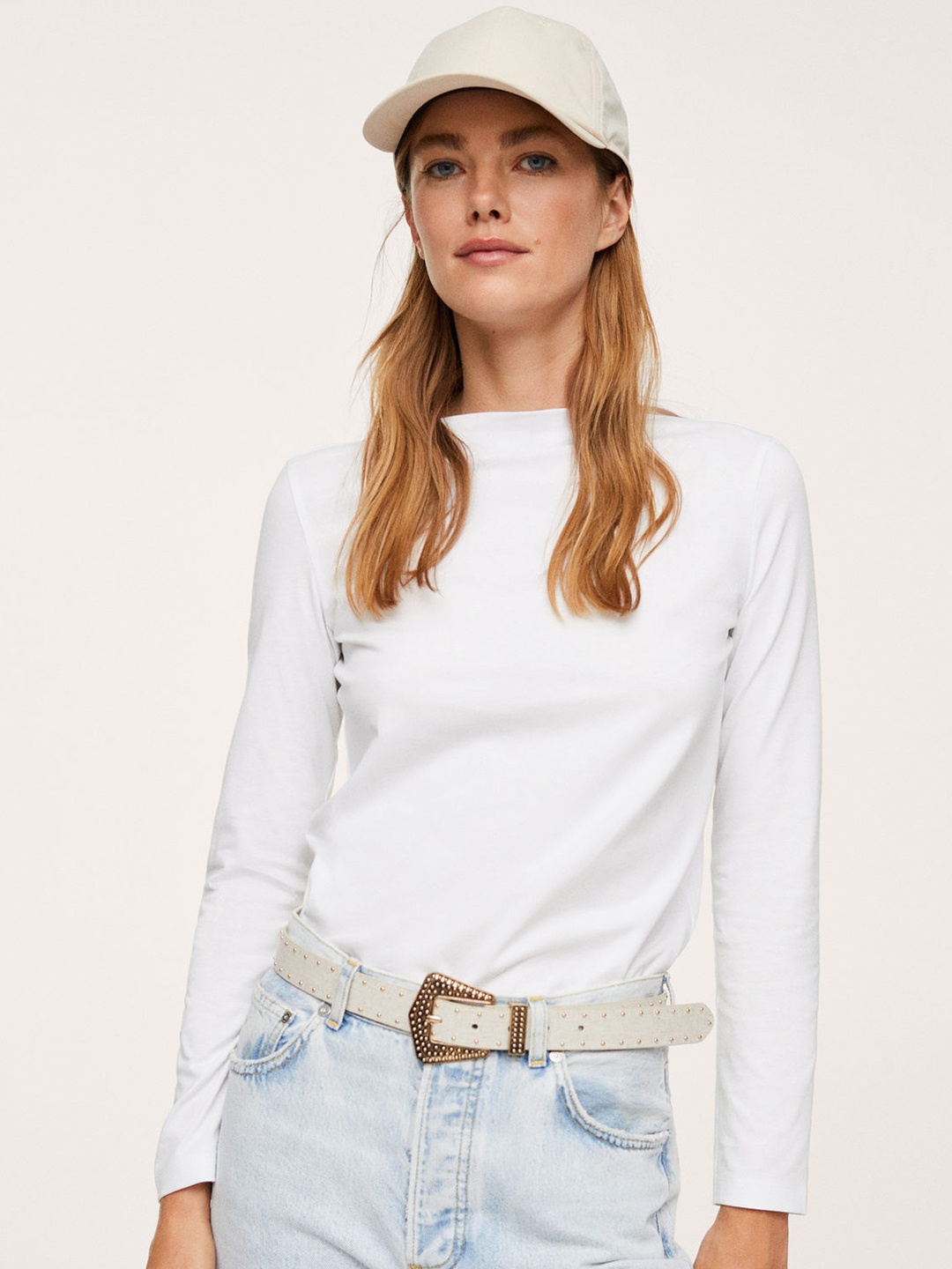 

MANGO Women White Cotton Solid T-shirt