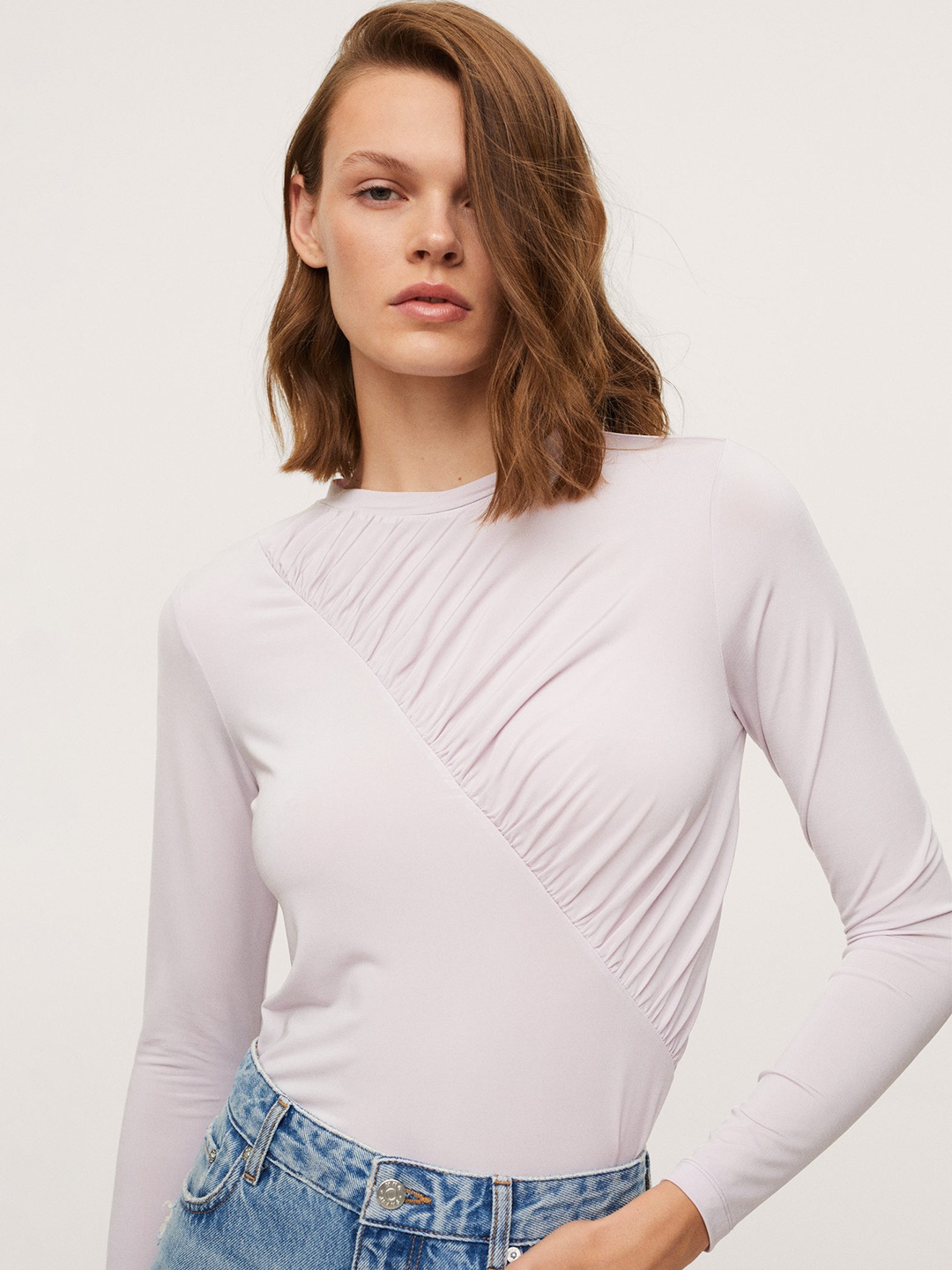 

MANGO Women Lavender Solid Fitted Top with Gathered Detail