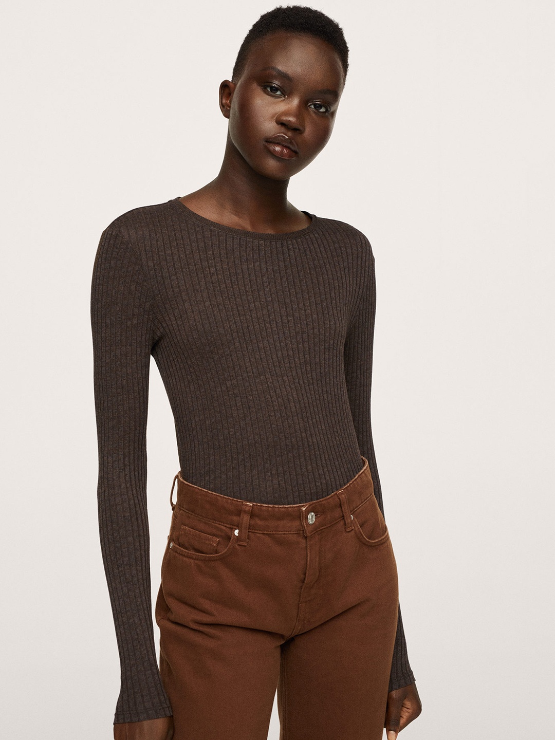 

MANGO Women Brown Ribbed Fitted Top