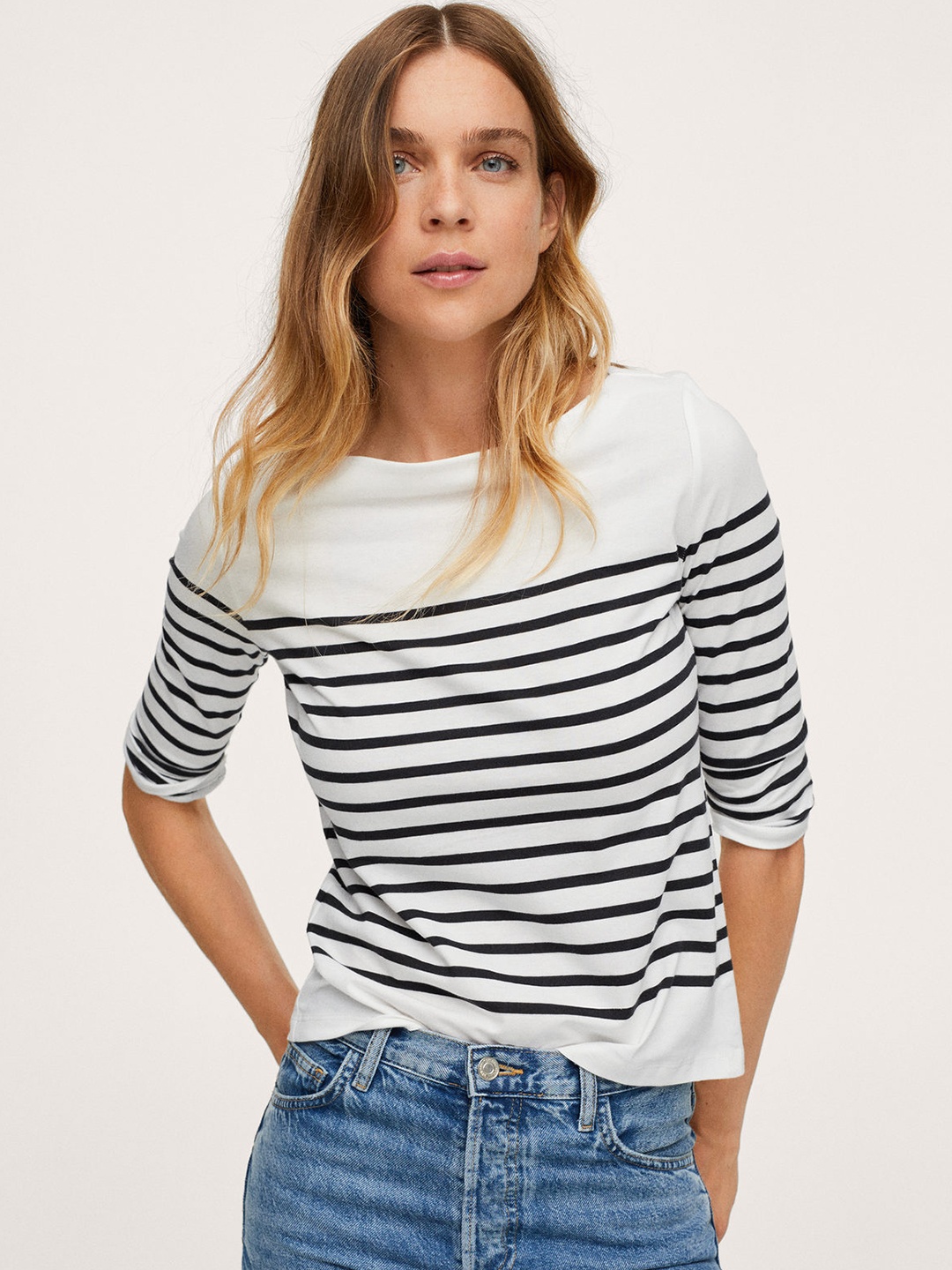 

MANGO Women White & Black Organic Cotton Striped T-shirt