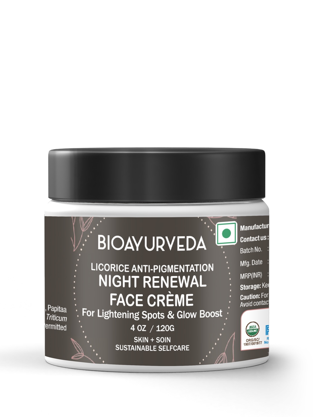 

BIOAYURVEDA Night Renewal Face Cream For Lightening Spots & Glow Boost - 120 g, Black