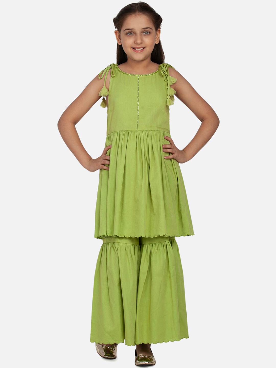 

BLANC9 Girls Green Pleated Pure Cotton Kurti with Sharara