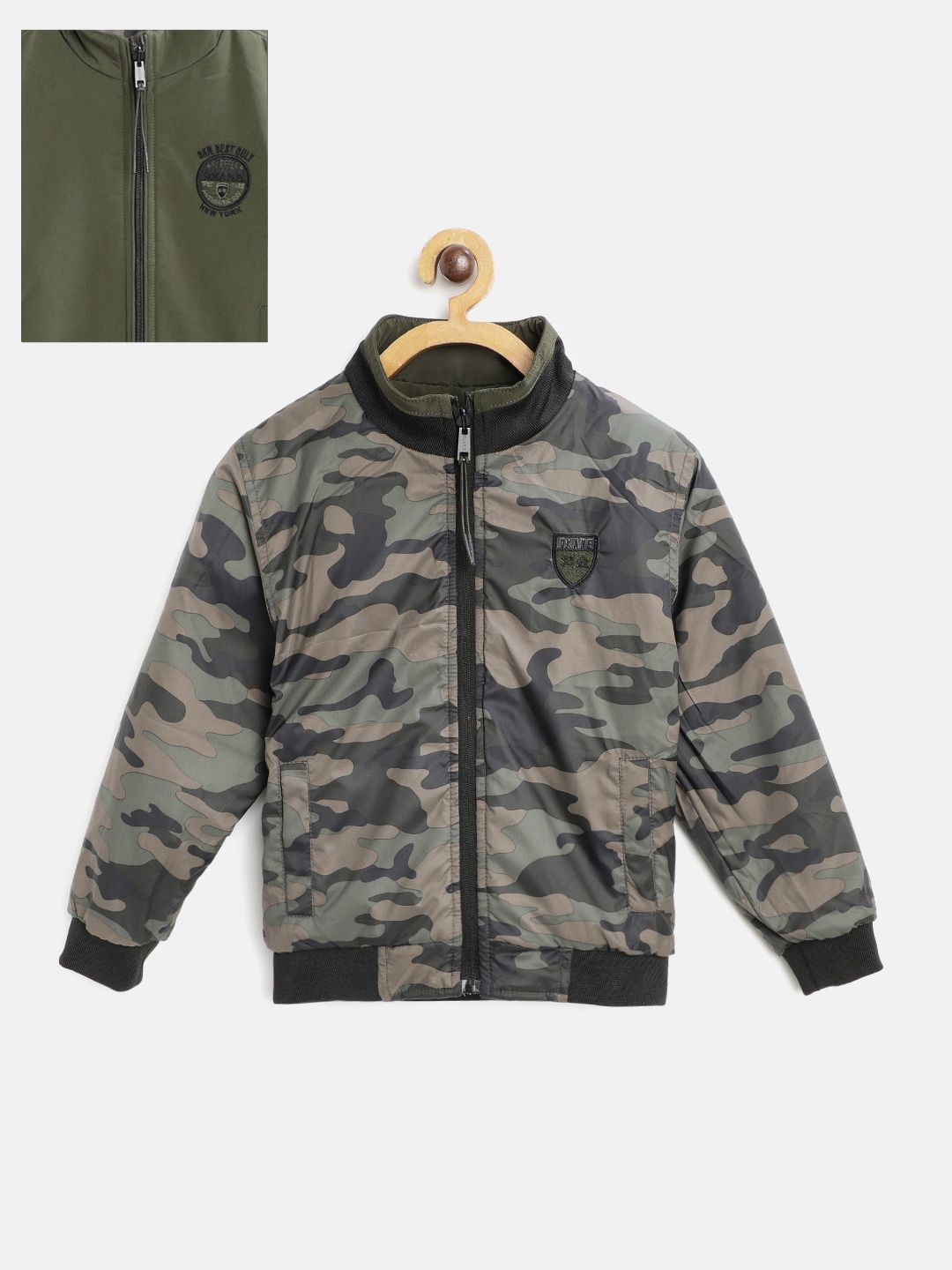 

Okane Boys Olive Green & Black Camouflage Print Reversible Bomber Jacket
