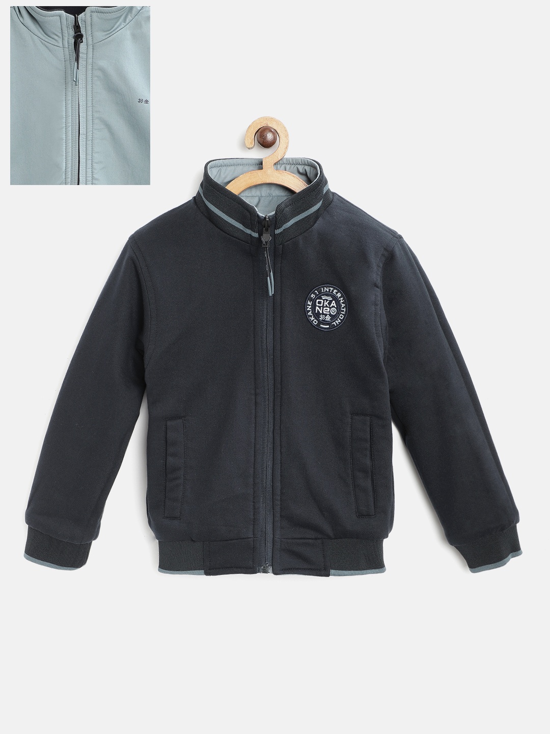 

Okane Boys Blue Solid Cotton Reversible Bomber Jacket