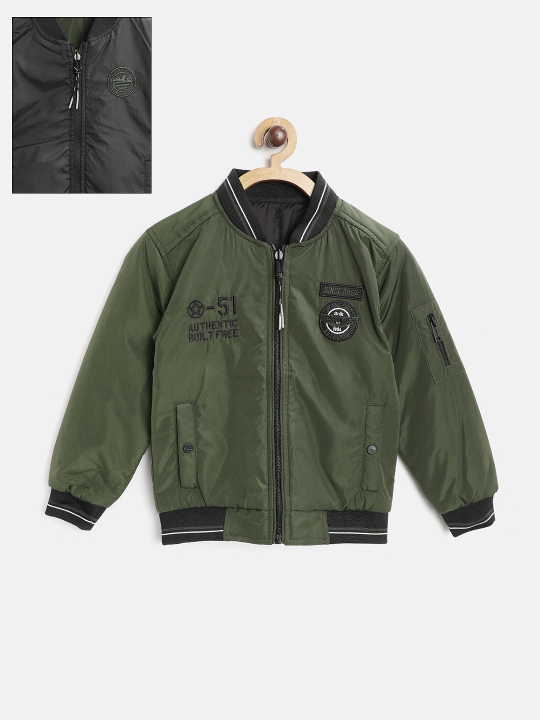 

Okane Boys Olive Green & Black Solid Reversible Bomber Jacket