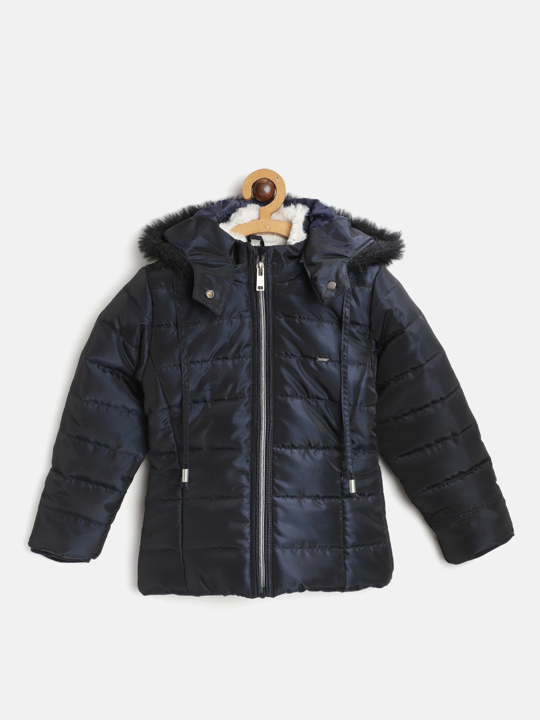 

Okane Girls Navy Blue Solid Faux Fur Trim Padded Jacket with Detachable Hood
