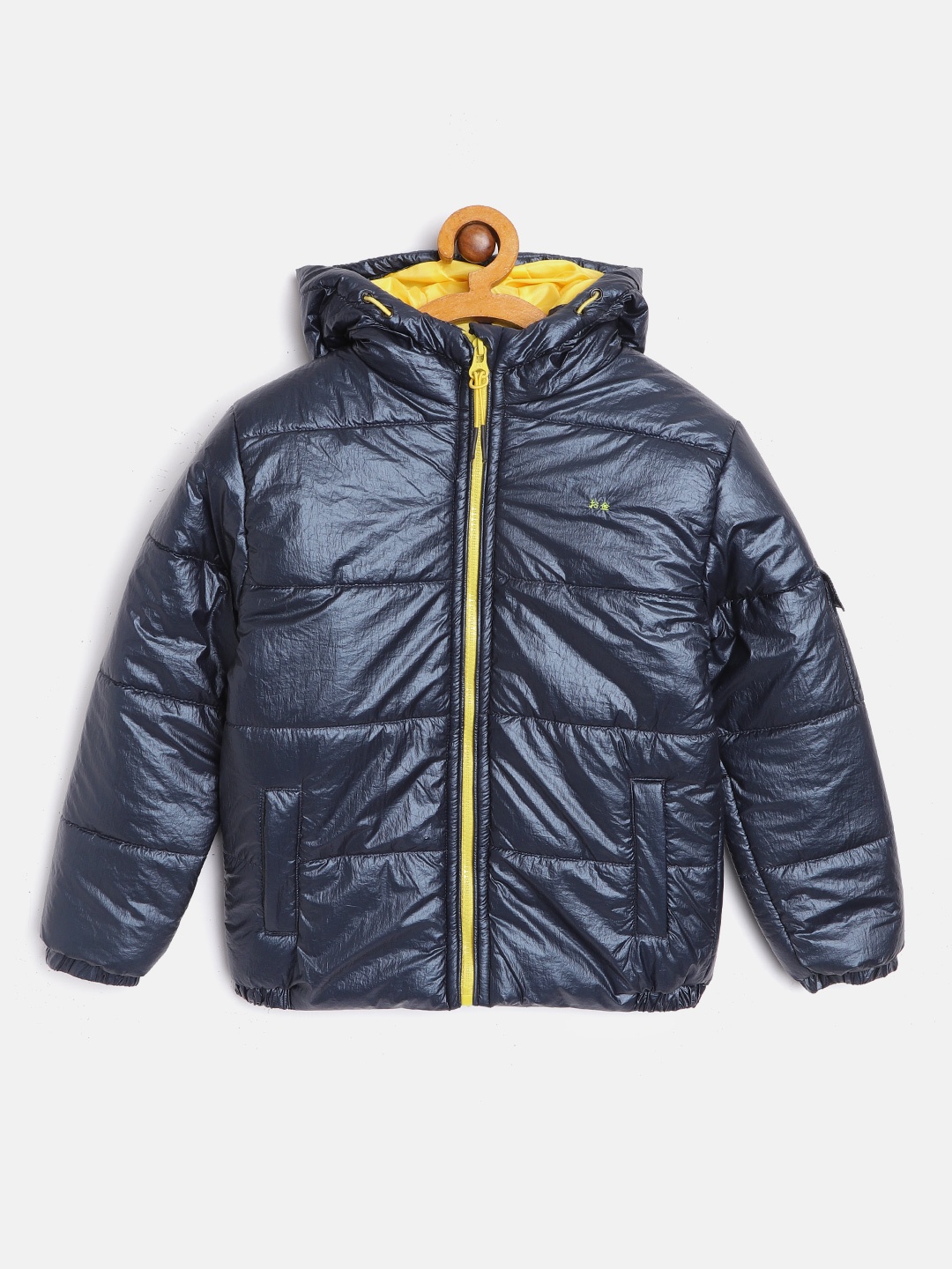 

Okane Boys Navy Blue Solid Hooded Padded Jacket with Sheen Effect