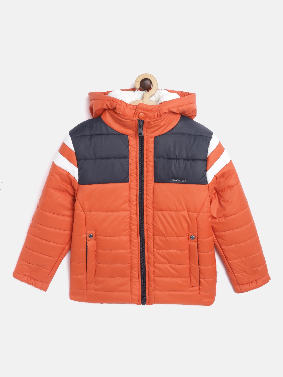 

Okane Boys Orange & Navy Blue Colourblocked Padded Jacket with Detachable Hood
