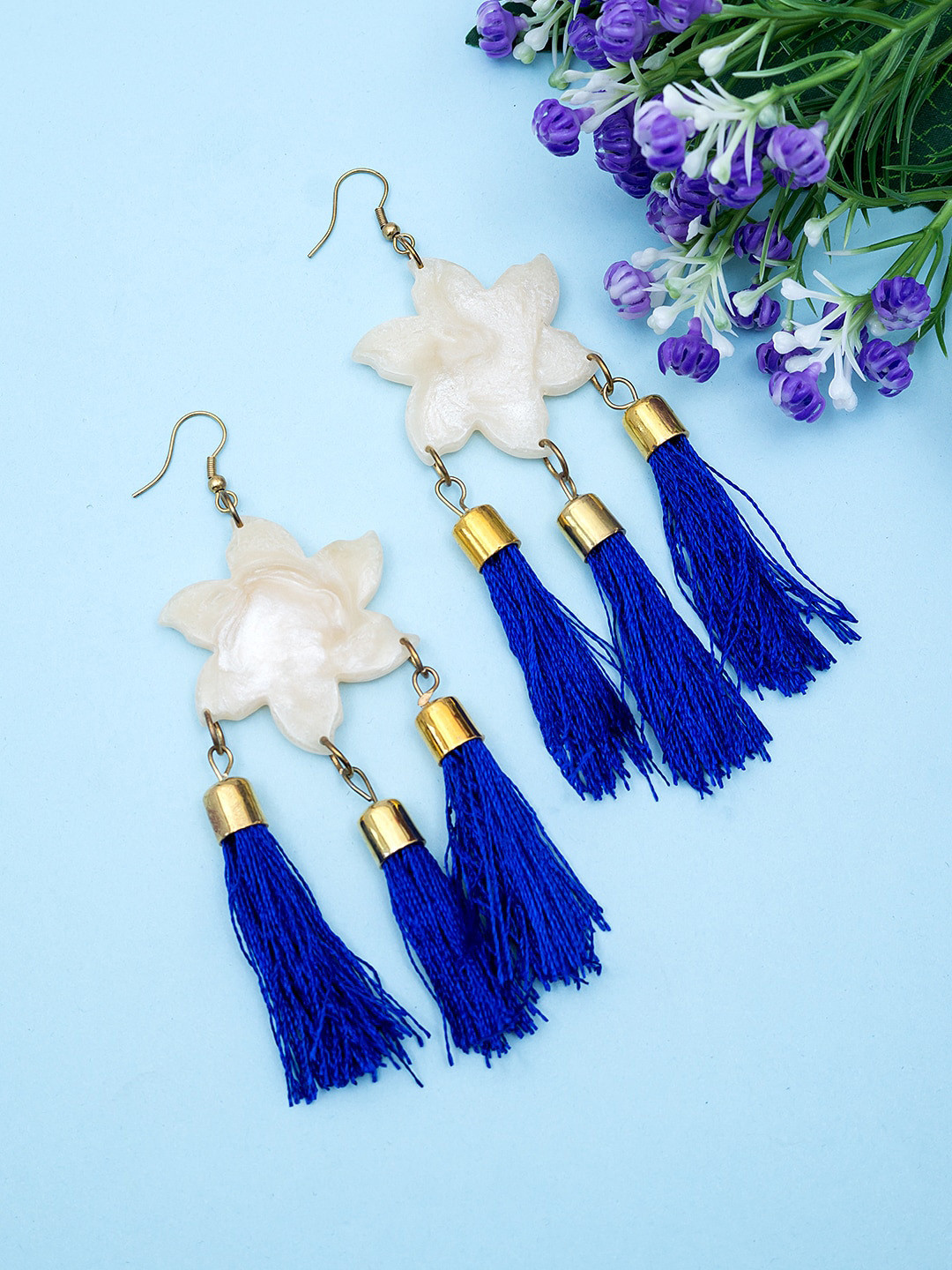 

Golden Peacock Blue Contemporary Drop Earrings