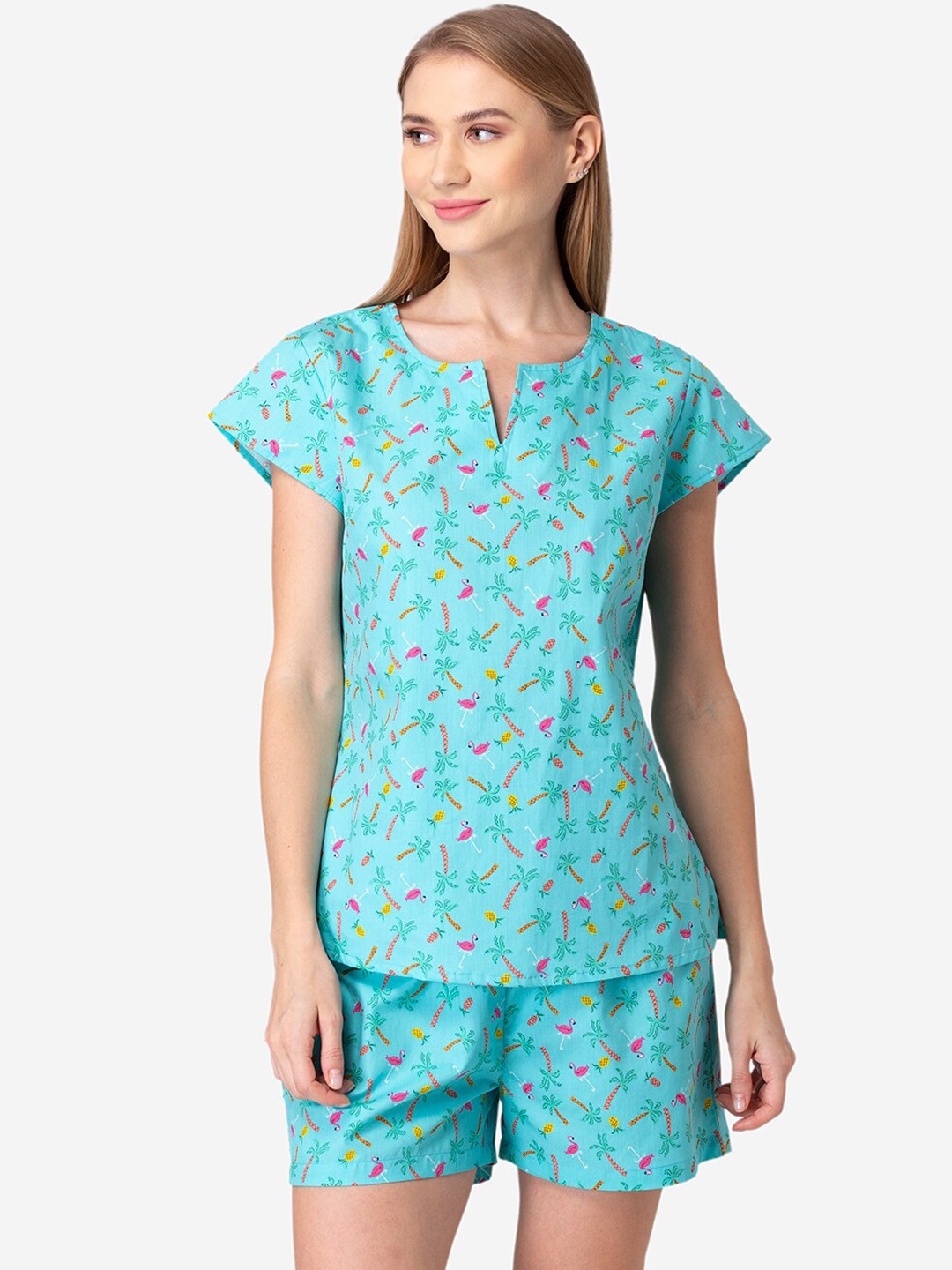 

Fluffalump Women Sea Green & Pink Printed Pure Cotton Night suit