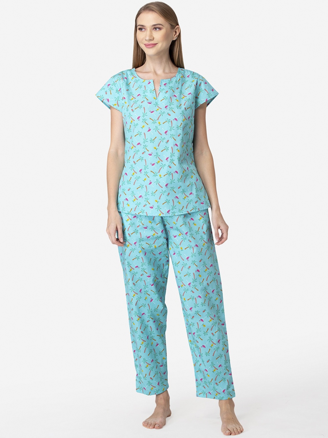 

Fluffalump Women Green & Pink Printed Pure Cotton Night suit