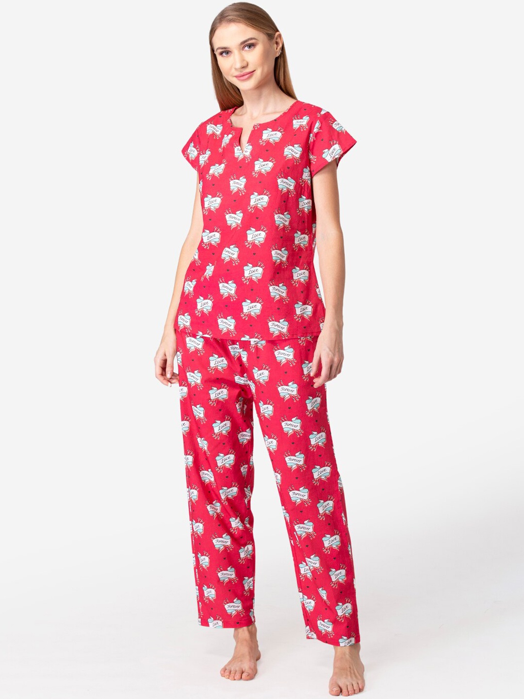 

Fluffalump Women Pink & White Printed Pure Cotton Night suit