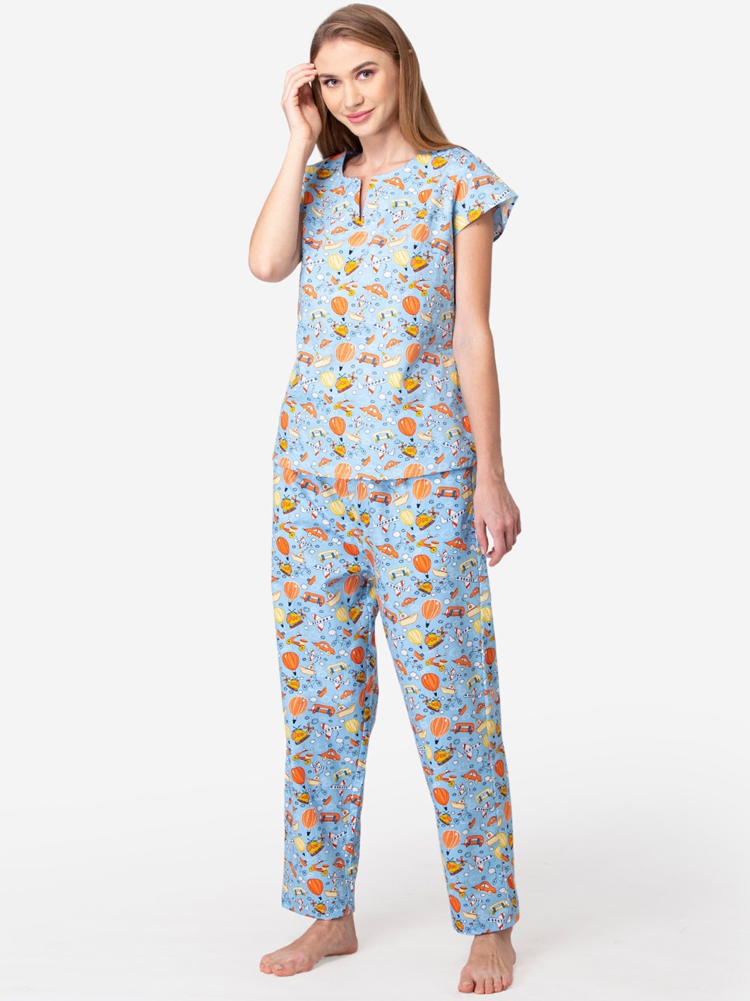 

Fluffalump Women Blue & Orange Printed Pure Cotton Night suit