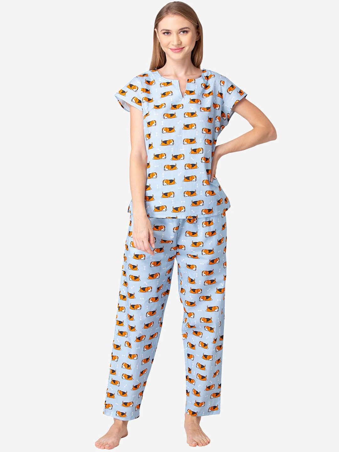 

Fluffalump Women Blue & Orange Printed Pure Cotton Night suit