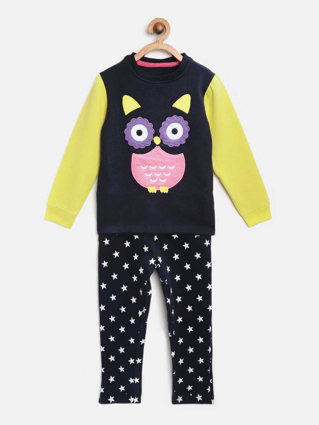 

Cherry Crumble Girls Navy Blue & Yellow Printed Night Suit