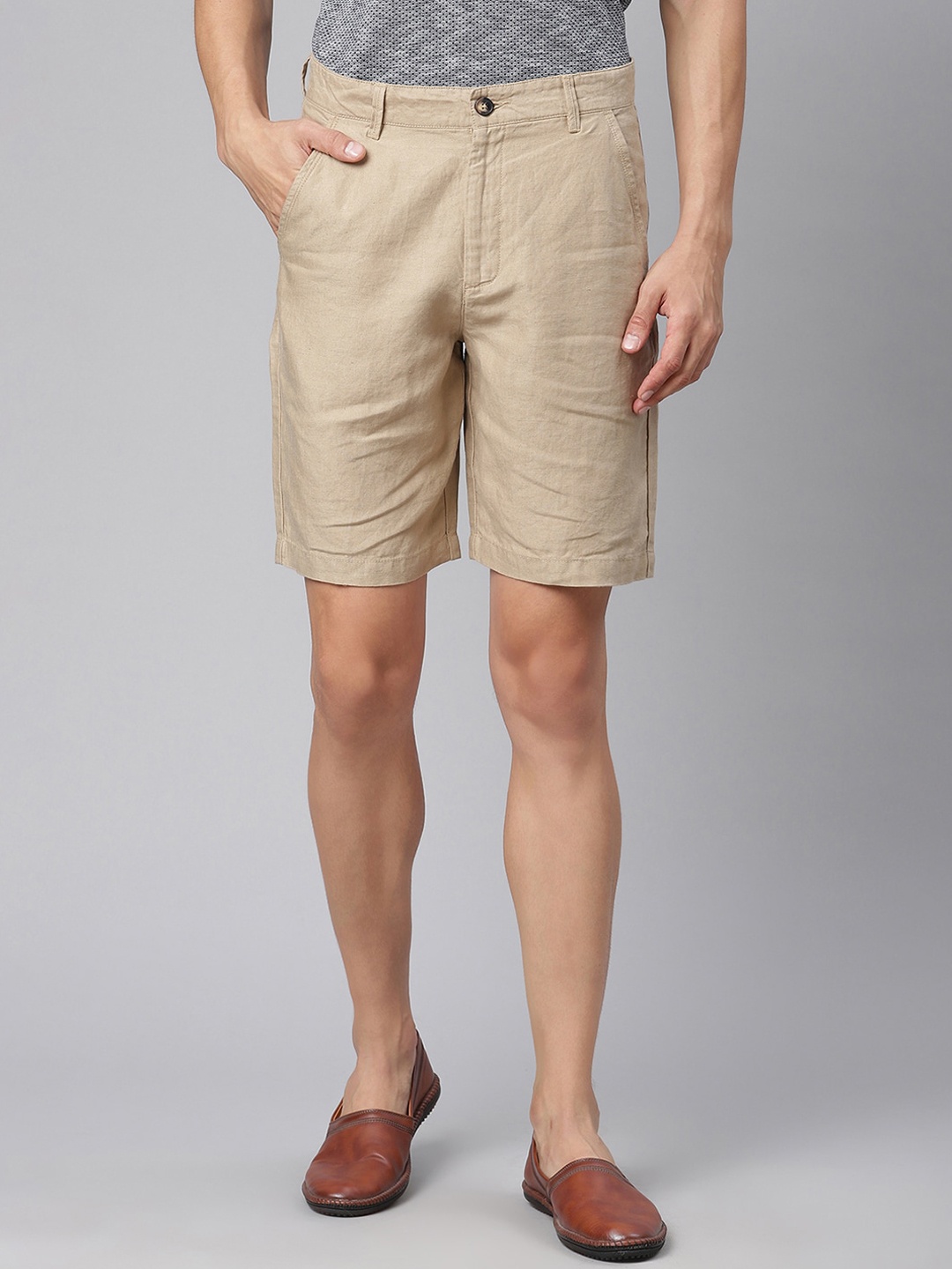 

HARSAM Men Khaki Linen Regular Shorts