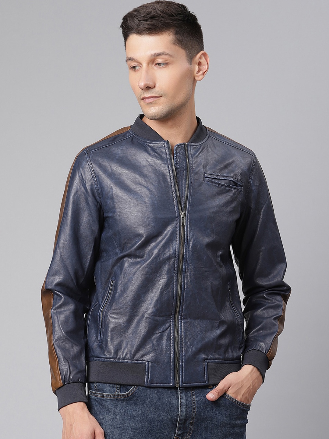 

HARSAM Men Navy Blue Lightweight Bomber Jacket