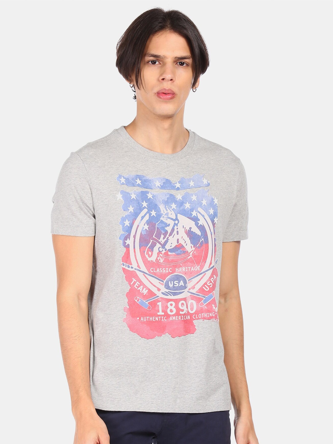 

U.S. Polo Assn. Denim Co. Men Grey & Pink Typography Printed T-shirt