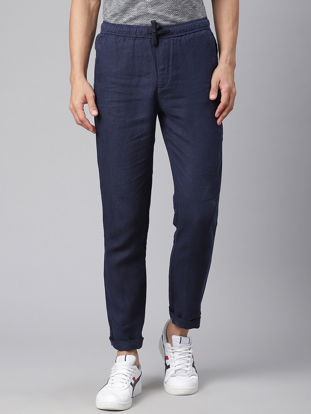 

HARSAM Men Navy Blue Linen Solid Trousers
