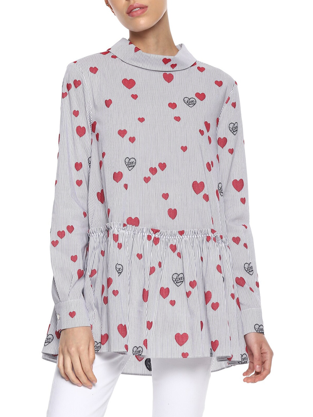 

LOVE MOSCHINO Blue & Red Floral Ruffles A-Line Longline Top