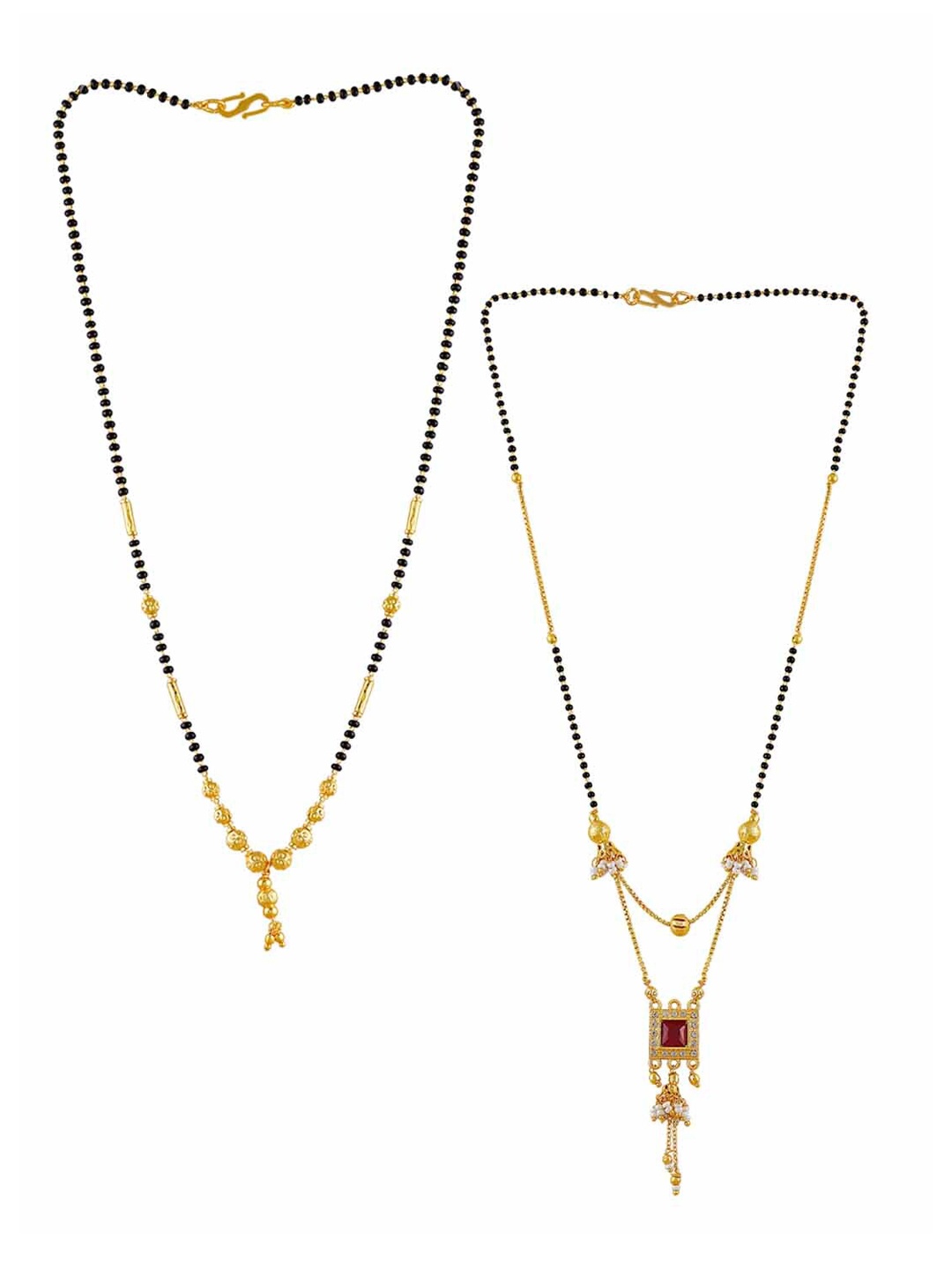 

Brandsoon Set Of 2 Gold-Plated Black & Red Stone-Studded & Beaded Mangalsutra