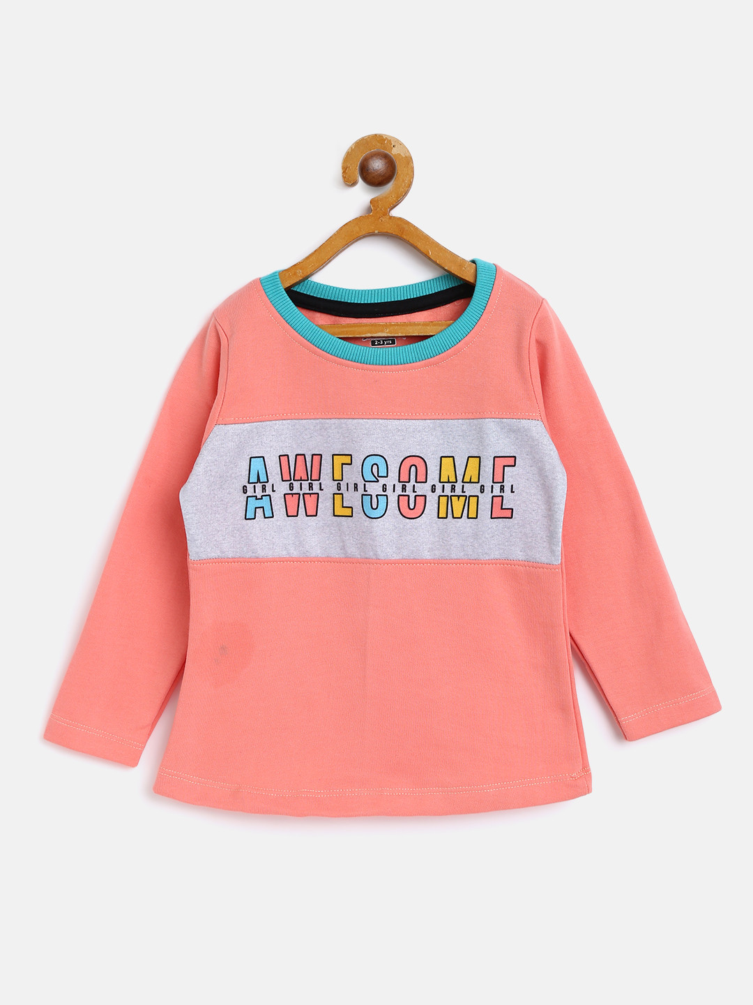 

Eteenz Girls Peach-Coloured & Grey Melange Printed Cotton Sweatshirt