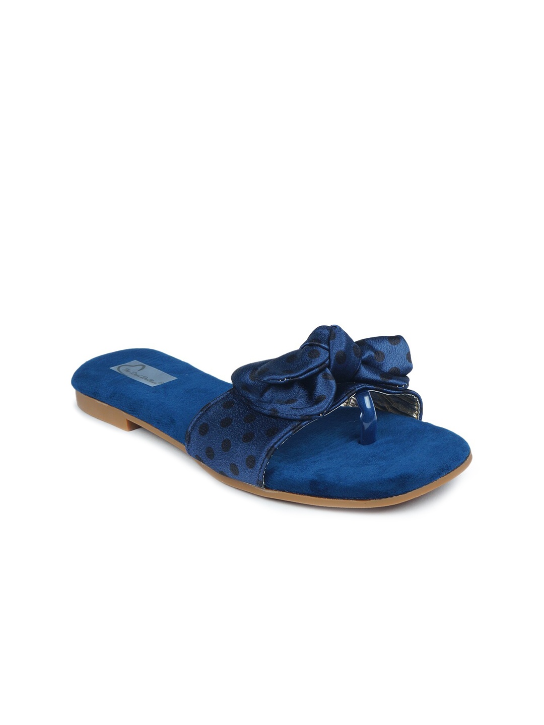 

The Desi Dulhan Women Blue & Black Polka Dot Printed Open Toe Flats with Bows