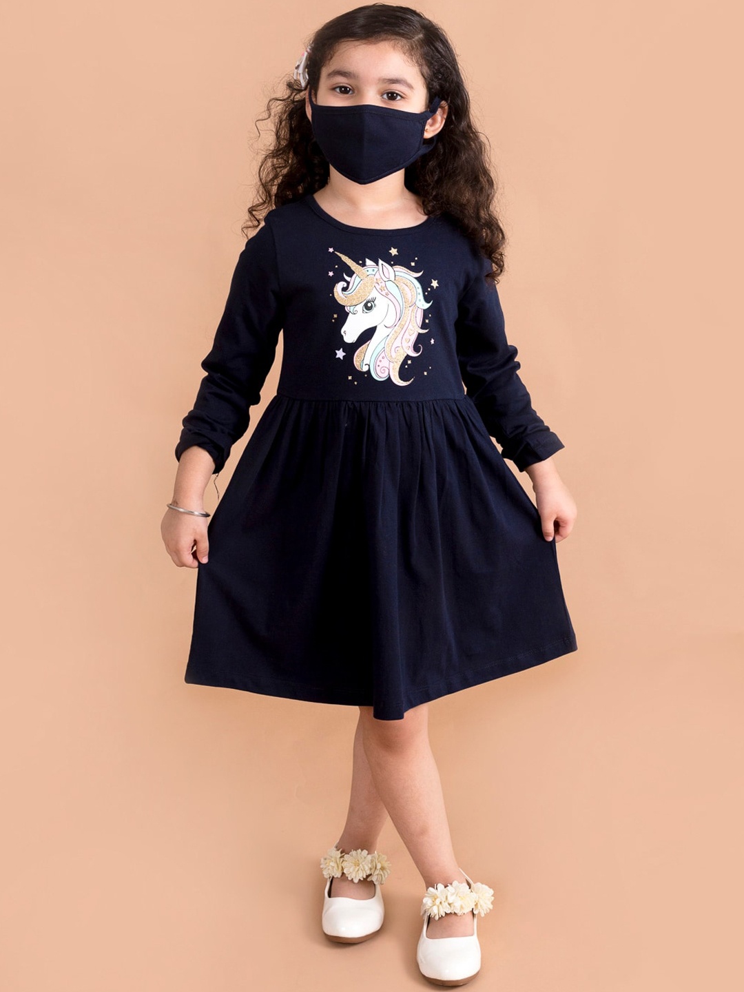 

pspeaches Girls Navy Blue & Pink Printed Embellished Cotton Dress with Mask