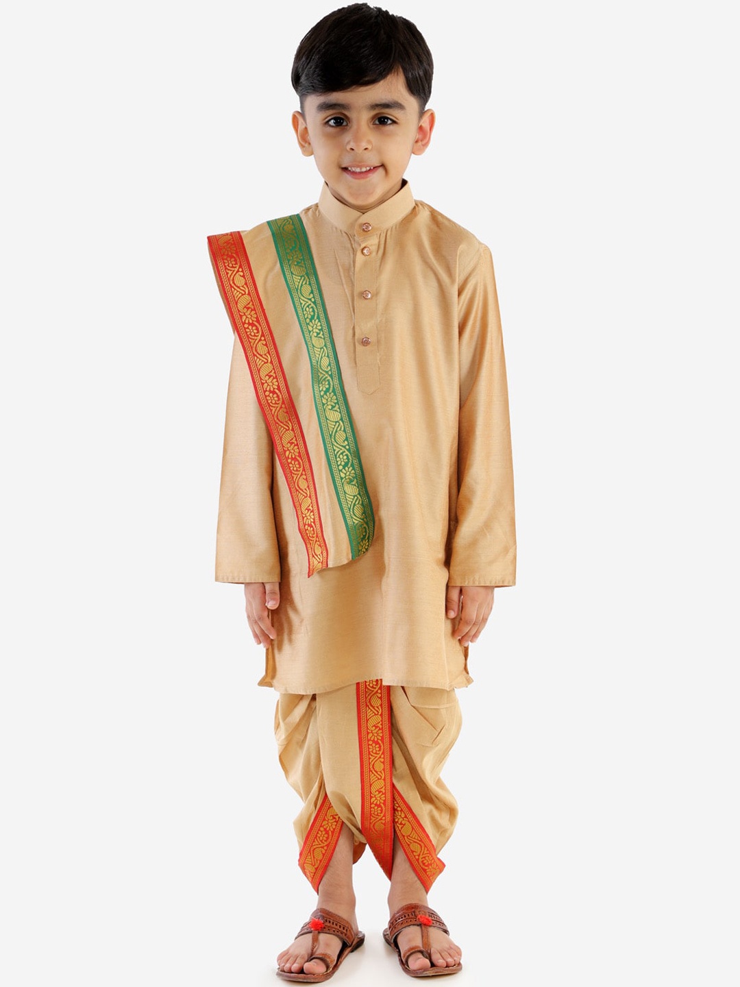 

VASTRAMAY Boys Gold-Toned Solid Regular Kurta with Dhoti Pants & With Dupatta