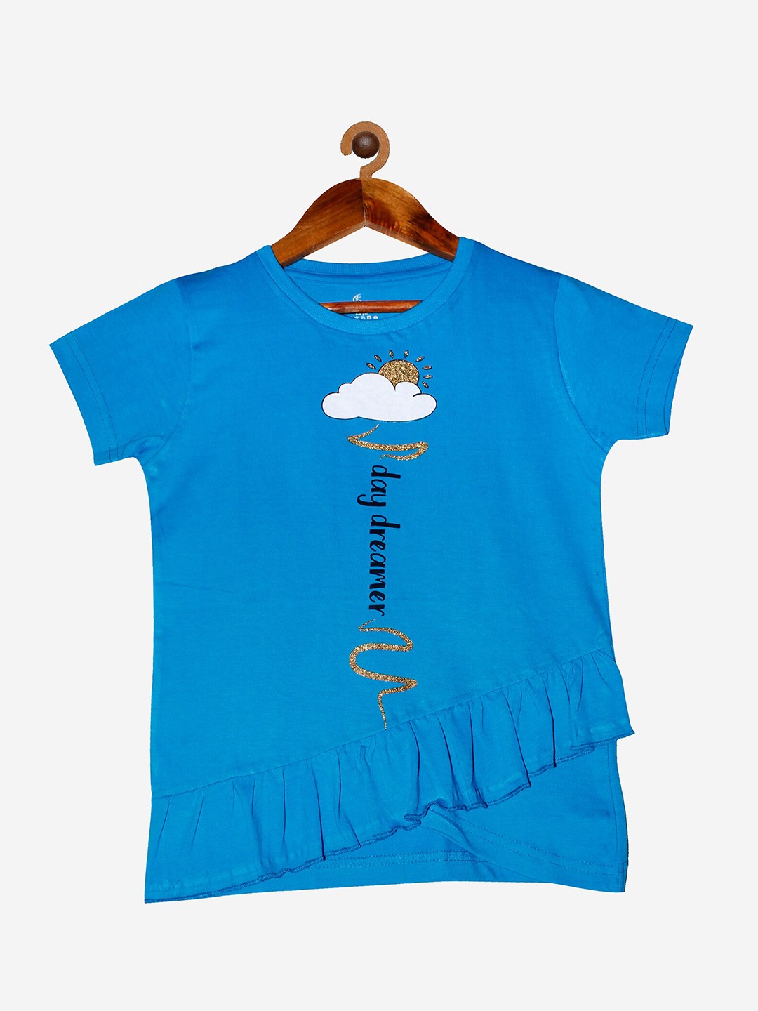 

KiddoPanti Girls Blue "Day Dreamer" Printed CottonFrill Bottom Printed T-shirt