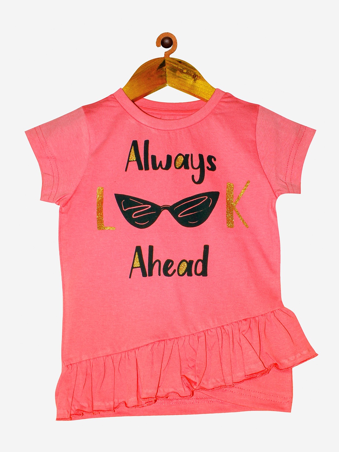 

KiddoPanti Girls Pink "Always Ahead" Printed Cotton Frill Bottom Applique T-shirt