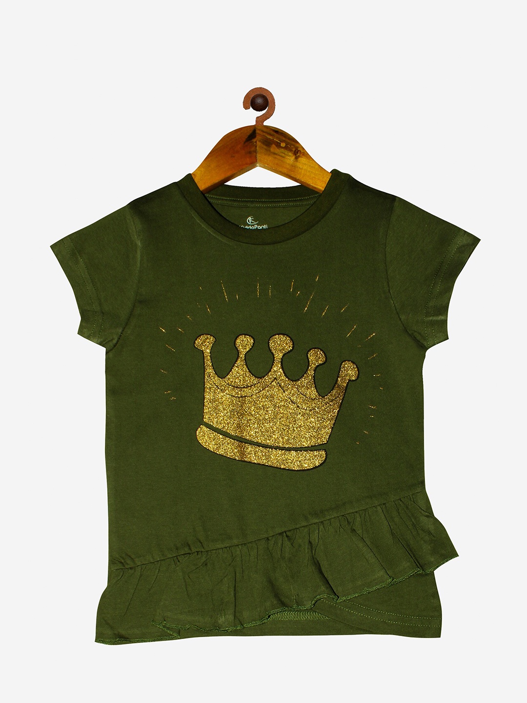 

KiddoPanti Girls Olive Green Crown Printed Cotton T-shirt