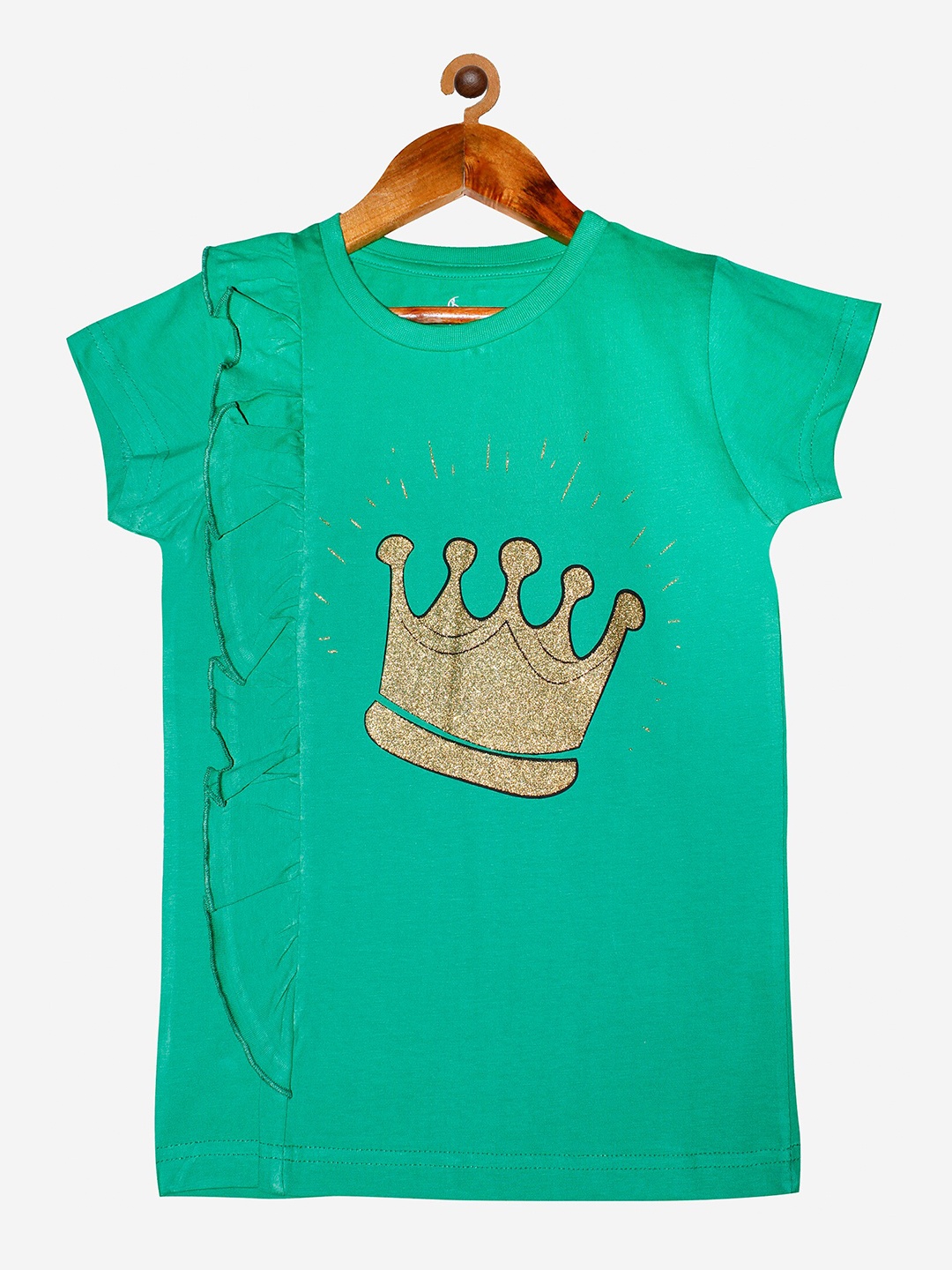 

KiddoPanti Girls Green Cotton Printed Applique T-shirt