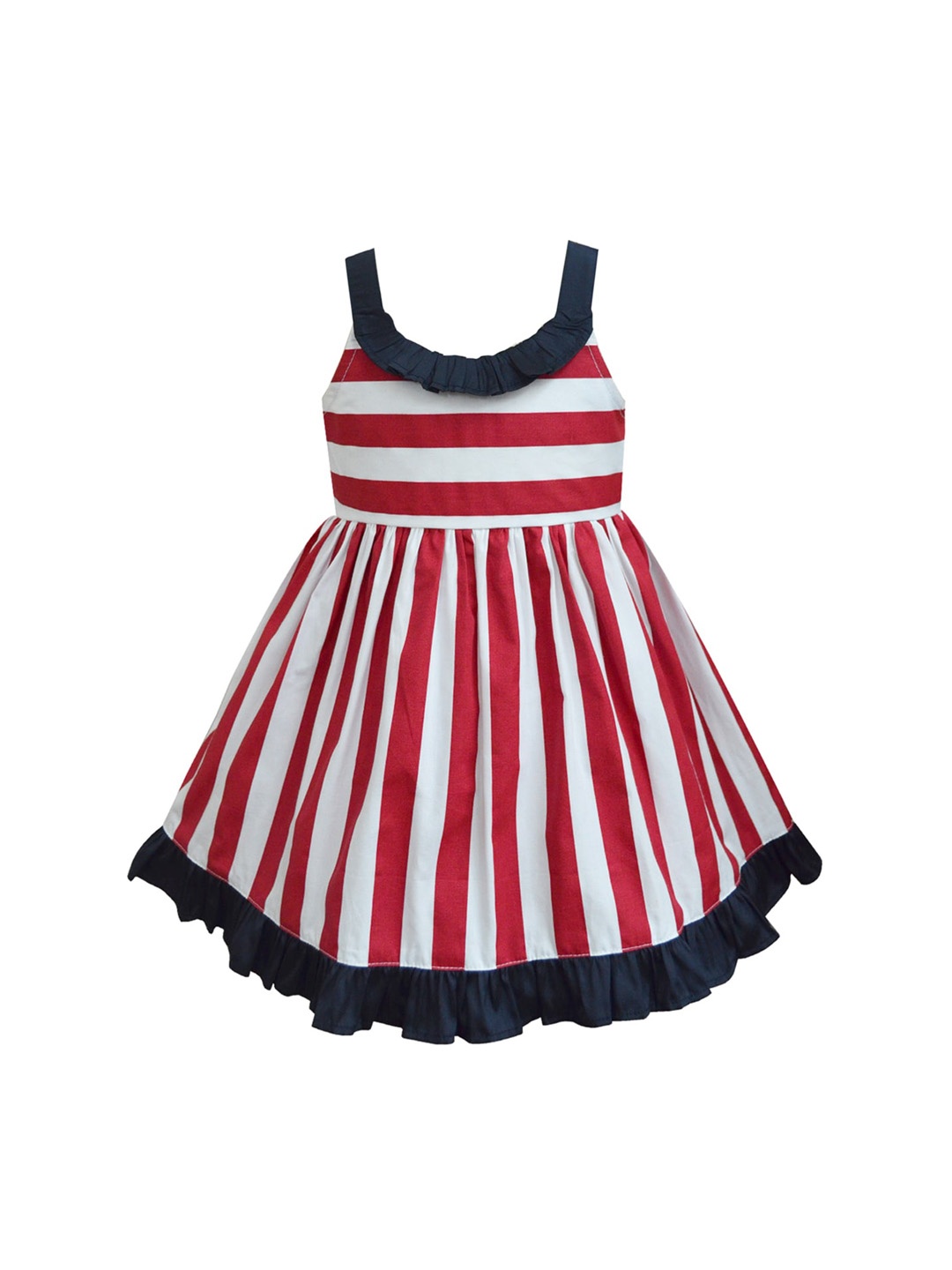 

A T U N Girls Cotton Red Striped Ruffles Fit & Flared Dress