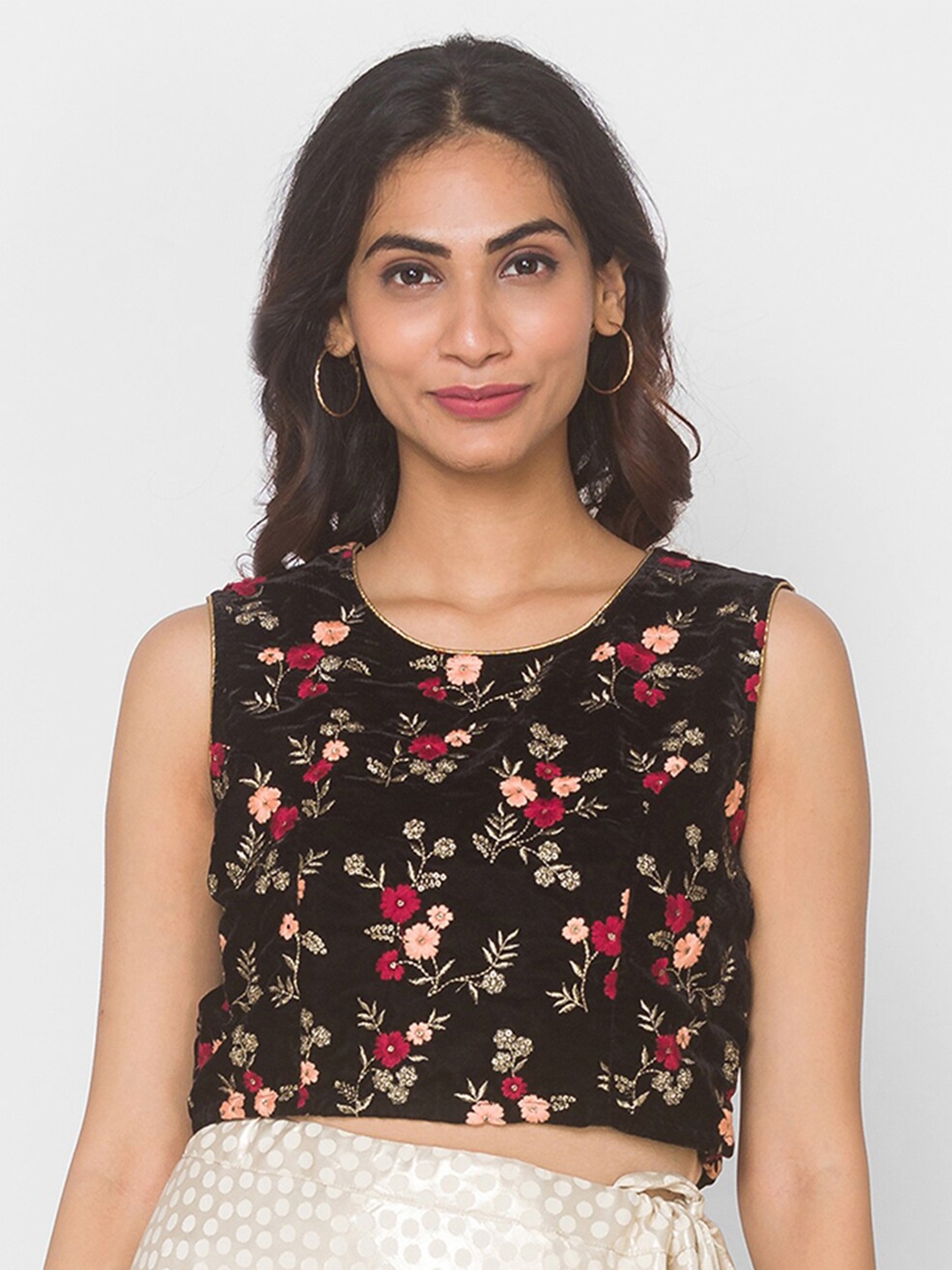 

Ethnicity Navy Blue & Red Floral Embroidered Regular Crop Top