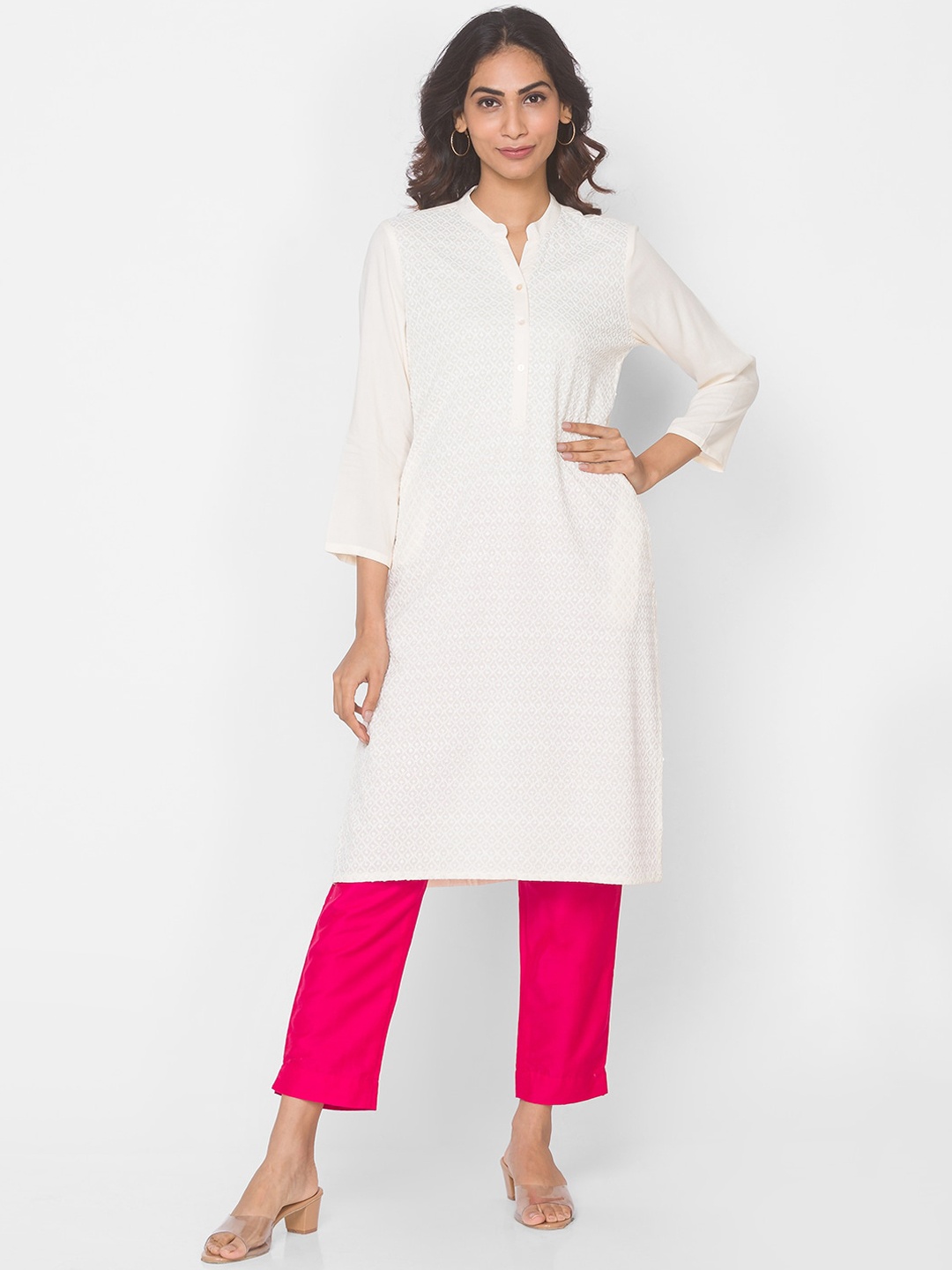 

Ethnicity Women White Thread Work Kurta