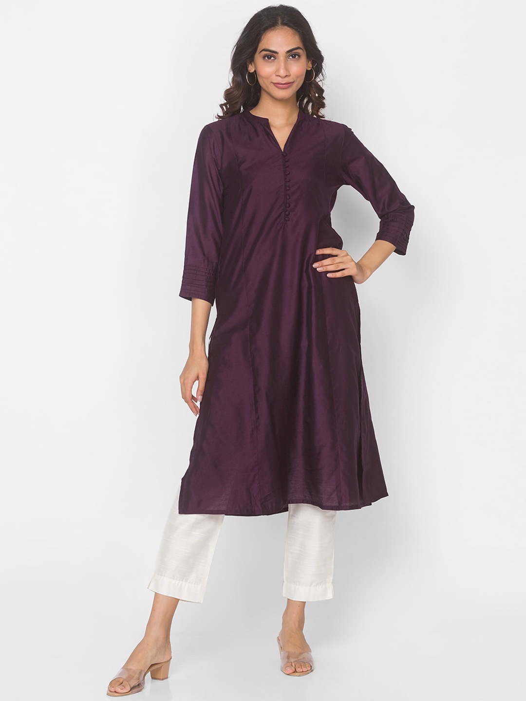 

Ethnicity Women Brown Striped Thread Work Kurta