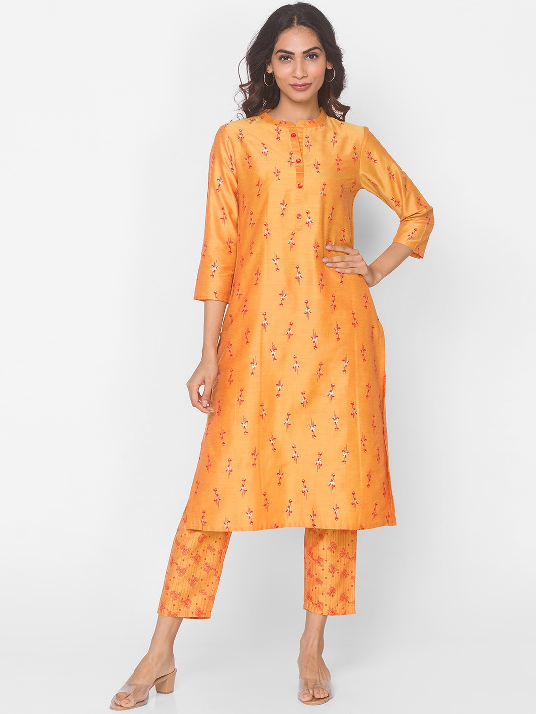

Ethnicity Women Mustard Yellow Floral Printed Regular Kurta with Trousers