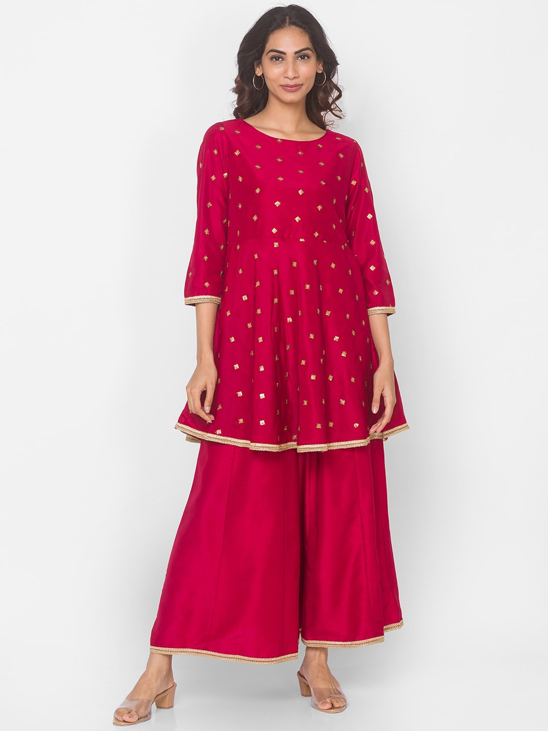 

Ethnicity Women Red Ethnic Motifs Embroidered Pleated Kurti with Sharara