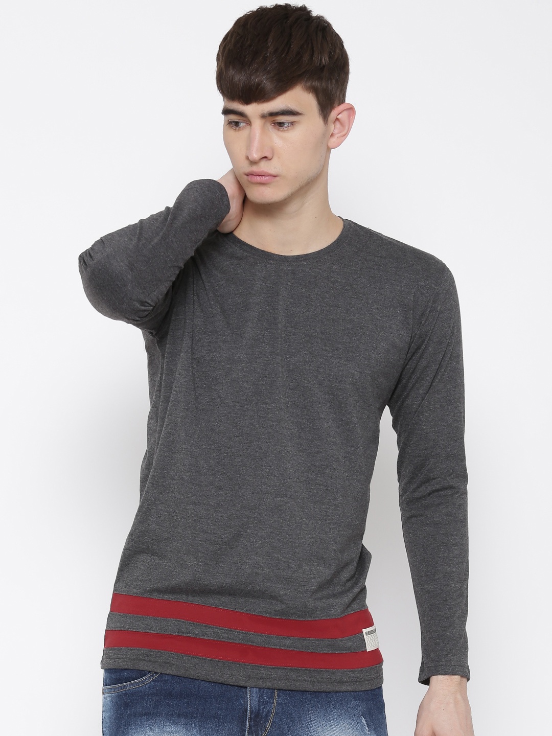 

Hubberholme Men Grey Melange Solid Round Neck Pure Cotton T-shirt