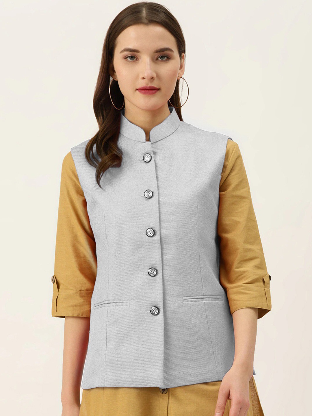

Vastraa Fusion Women Grey Woven-Design Nehru Jacket