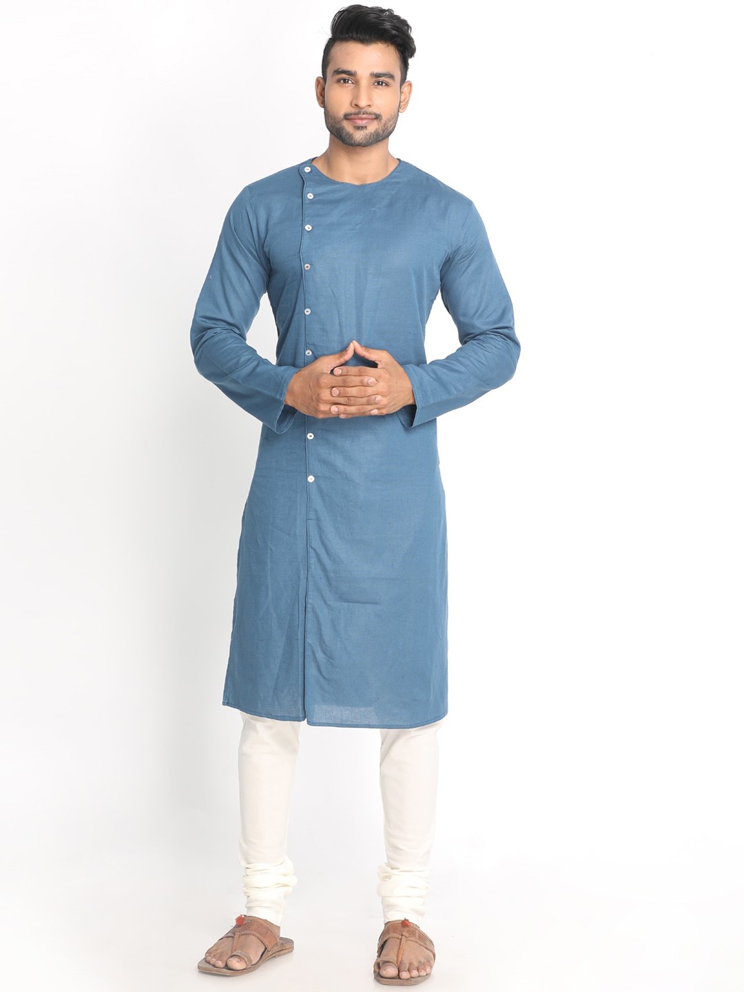 

Nakshi Men Blue Solid Cotton Angrakha Kurta