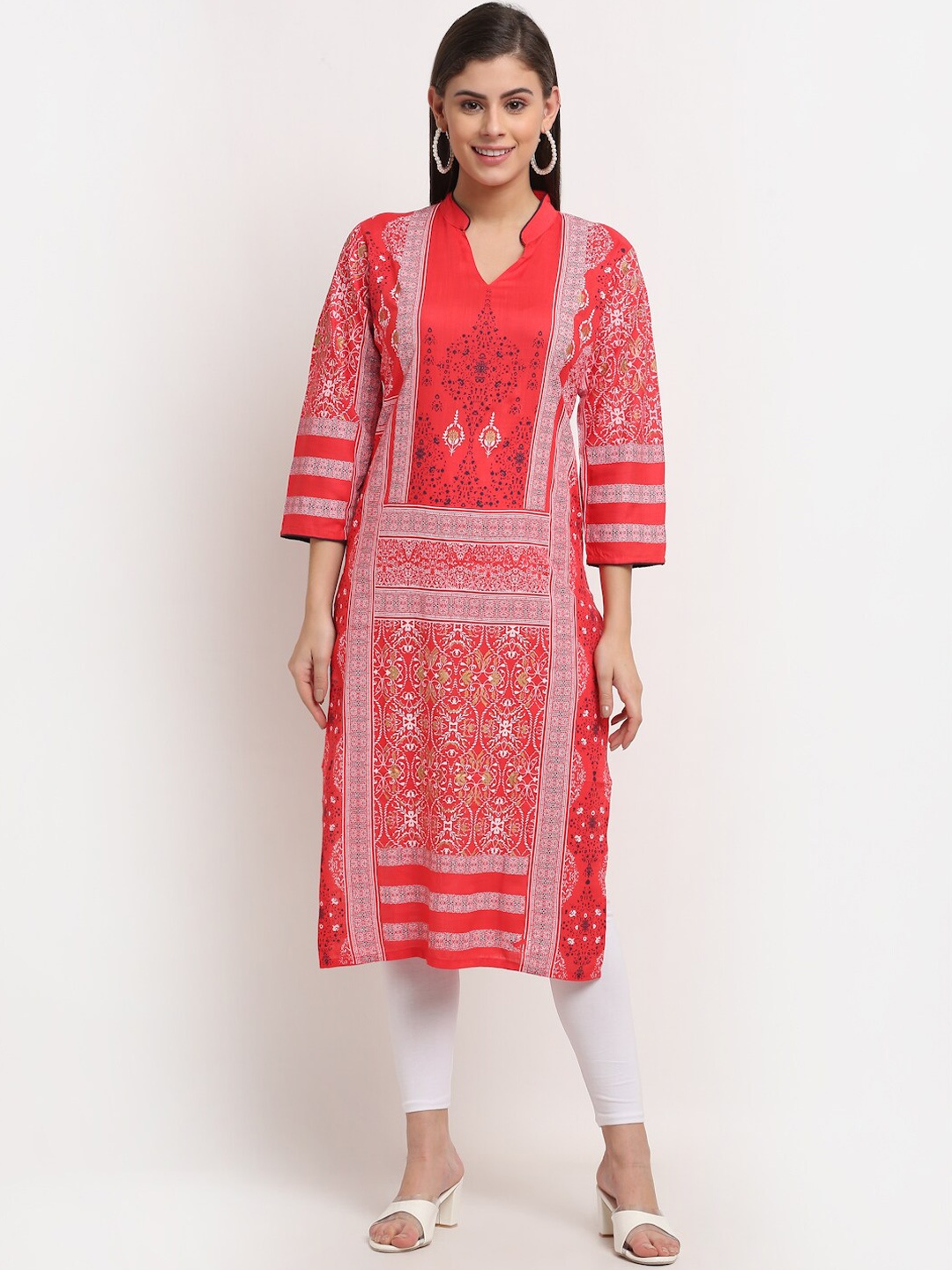 

GRACIT Women Red Ethnic Motifs Printed Thread Work Floral Kurta