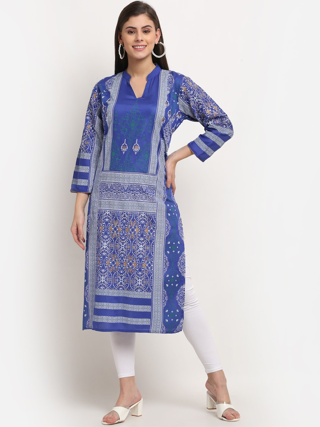 

GRACIT Women Blue & White Ethnic Motifs Printed Cotton Straight Kurta
