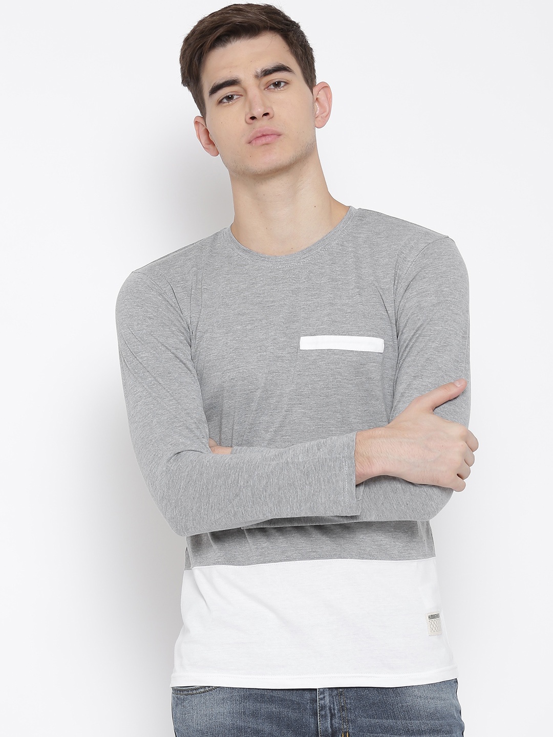 

Hubberholme Men Grey Melange Colourblocked Round Neck T-shirt